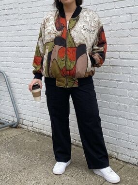 Vintage Picasso Art Bomber Jacket Abstract Face 80s 90s Statement Oversized